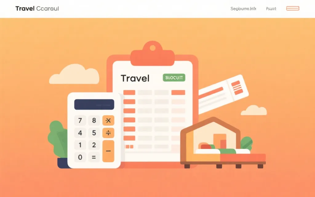 预算表与世界杯观赛行程规划，计算器、机票与住宿图标的扁平插画风