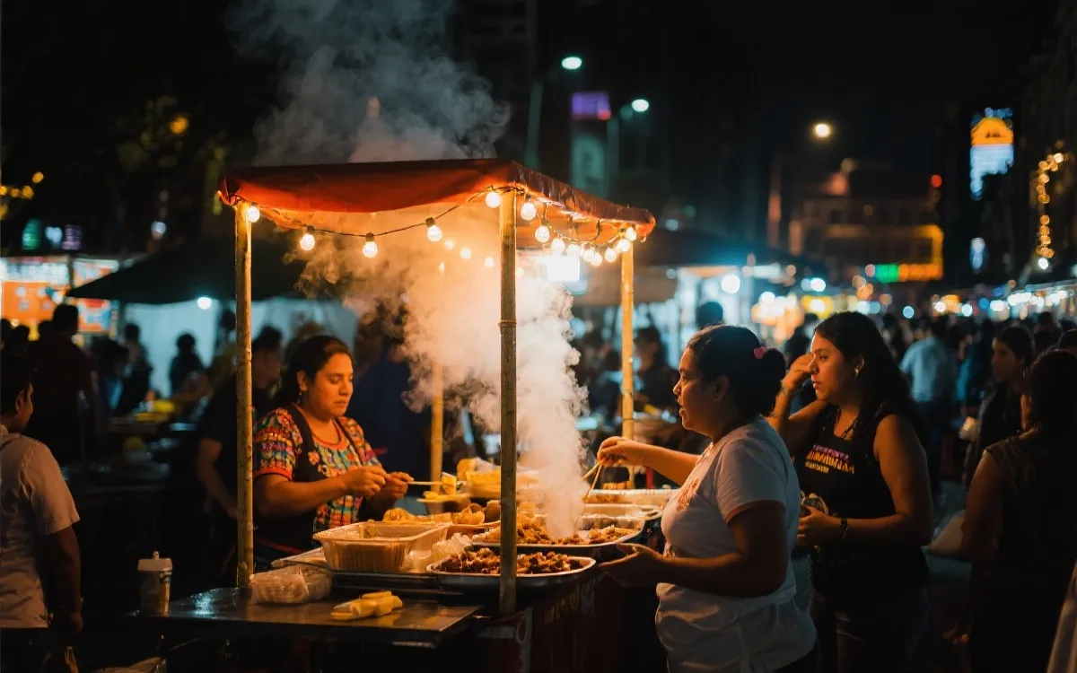 墨西哥城夏夜街头小吃摊与人群氛围，暖色灯光与烟火气