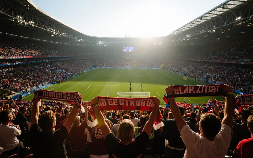 世界杯决赛现场看台与球场的震撼视角，人群举起围巾，光影强烈，纪实摄影风格